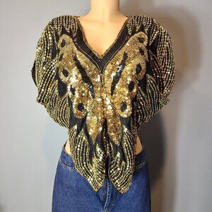 VTG Sequin Butterfly Batwing Top Silk Boho Festival Disco Fairy Gilded Gold